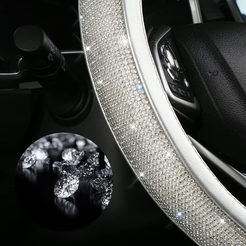 Bling Diamond Steering Wheel Cover, Leather Steering Wheel Covers for Women Girls with Crystal Rhinestones, Breathable, Anti-Slip Universal Fit 14.5-15 Inch Bling Car Accessories(Silver)
