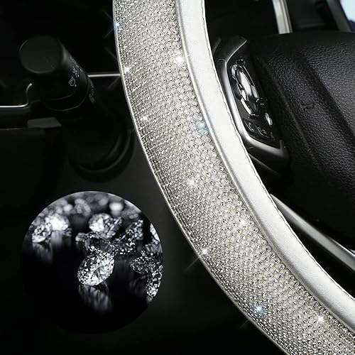 Miniatura 5 de Funda para volante de cuero con diamantes de imitación de cristal, transpirable, antideslizante, ajuste universal de 14 a 15 pulgadas, accesorios de