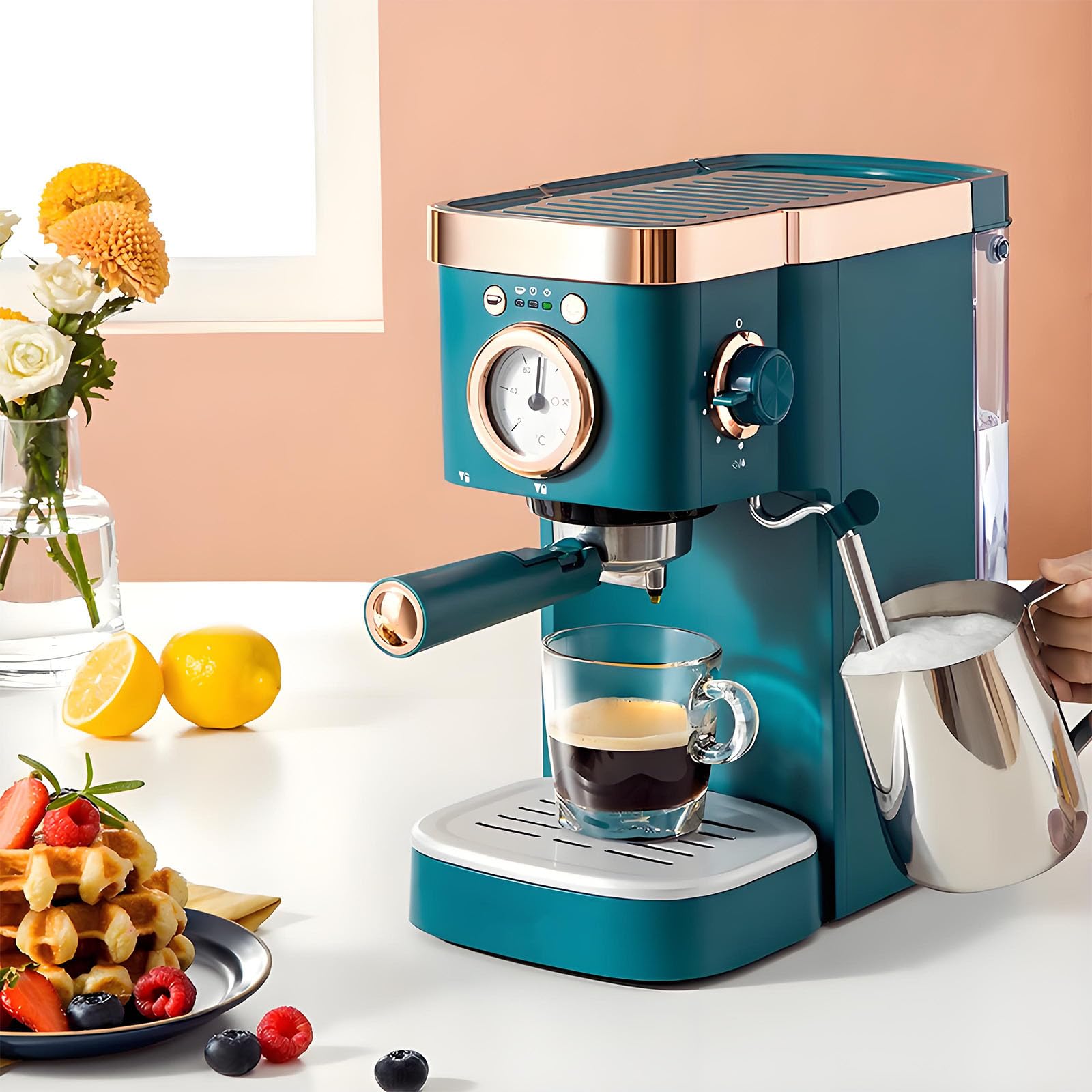 Ekspres do kawy espresso, retro zaparzacz parowy z miernikiem temperatury, wysokie ciśnienie 20 barów, ekstrakcja w ciągu 20 sekund, 4 regulowane poziomy pary do cappuccino i espresso