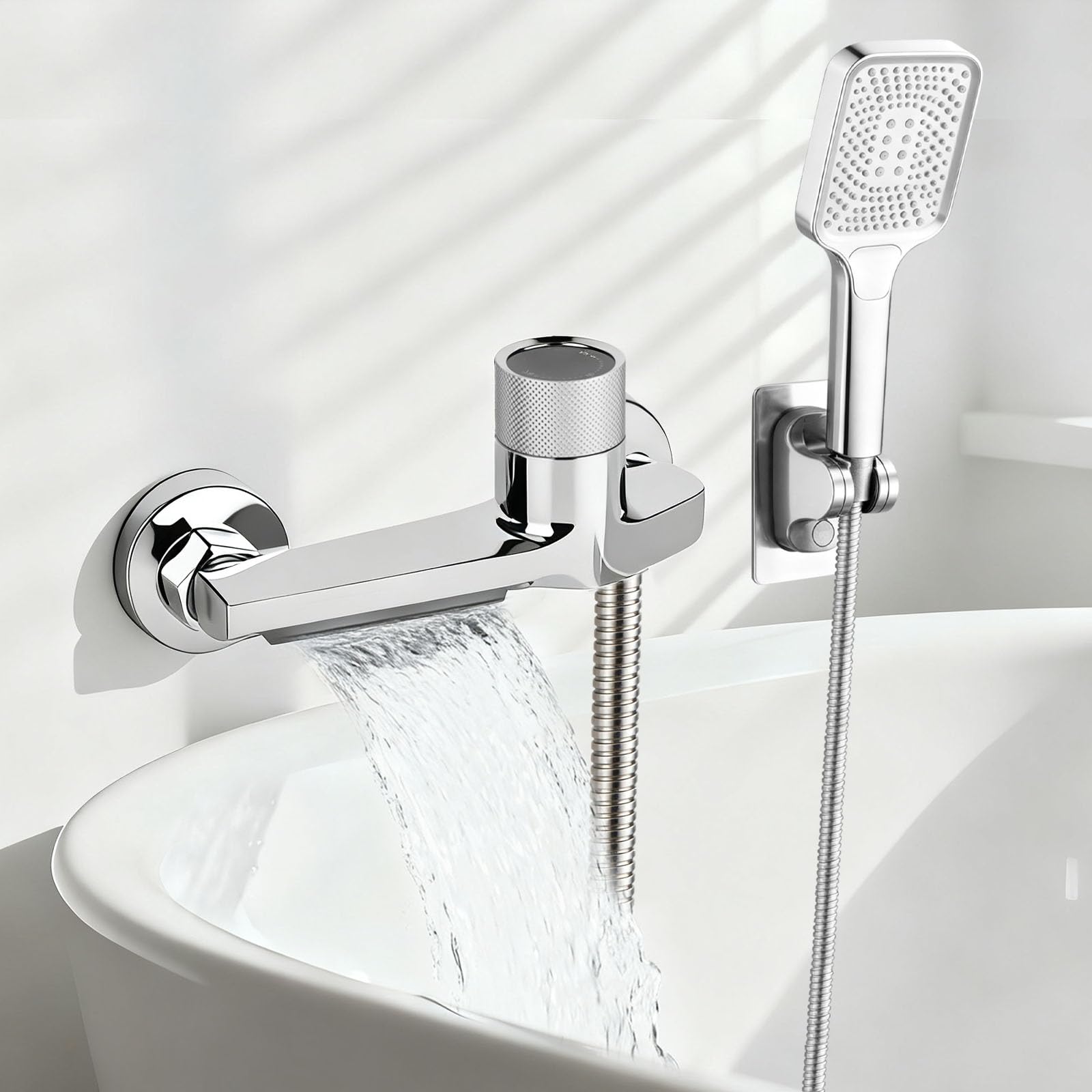 Grifo de bañera con termostato con 2 salidas, grifo de ducha con botón de seguridad, grifo mezclador para bañera y ducha, montaje en pared, cromado
