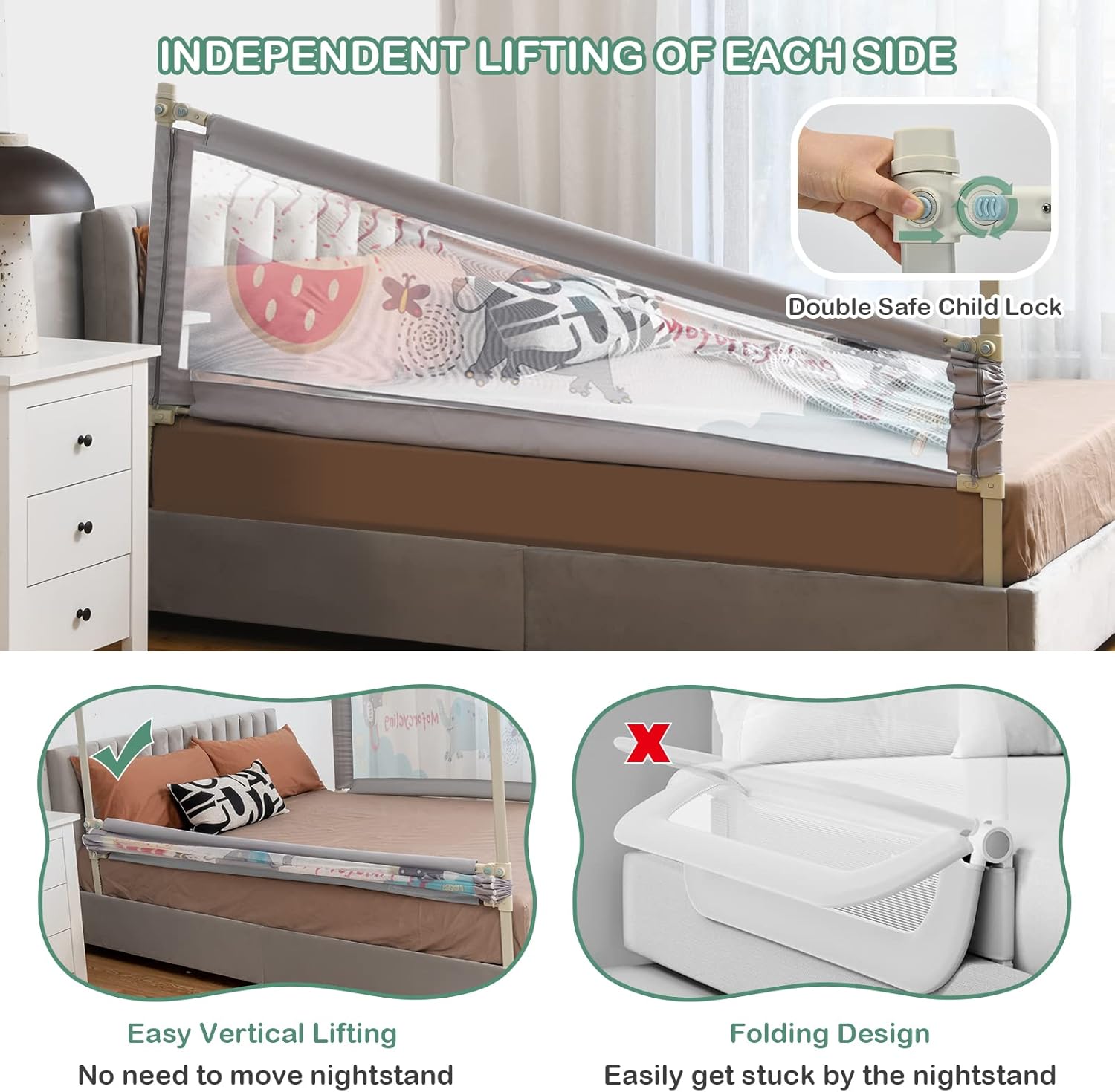 HONEY JOY Bed Rail for Toddlers, 77-in Extra Long, Portable Safety Bed Guardrail w/Double Safety Child Lock, Baby Bed Rail Guard, Fit King & Queen Full Twin Size Bed Mattress (77 INCH, Gray)