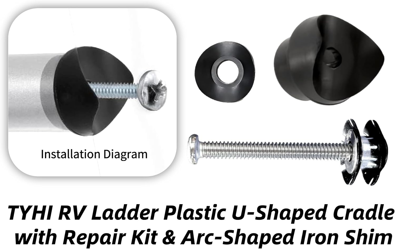 RV Ladder Repair Kit U-Shaped Plastic Cradle & Arc Iron Shim | RV ladder U-shaped cradle repair kit with arc iron shim, universal fit for 1" OD tubes, durable replacement mounting parts