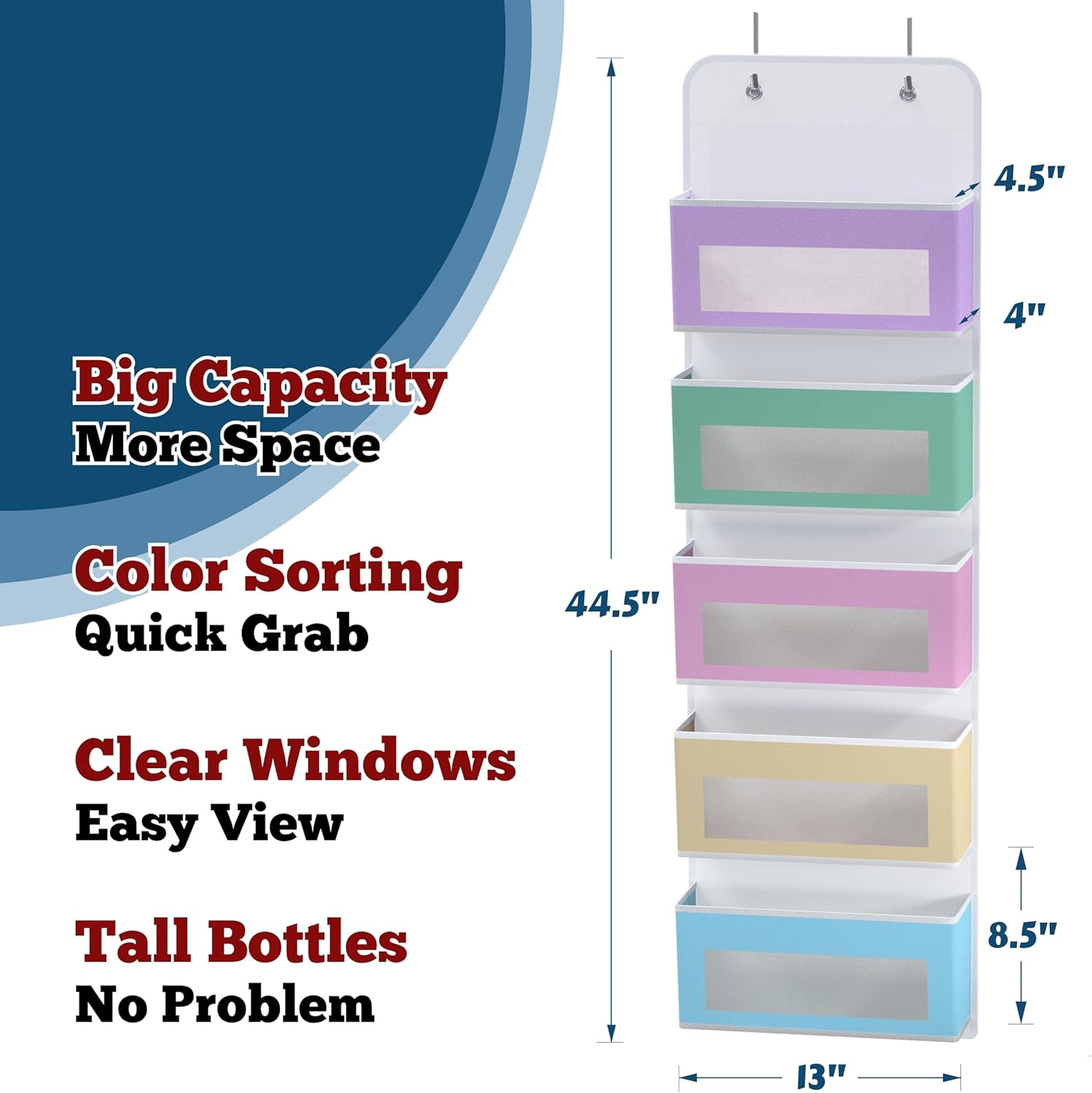 Simple Houseware 5 Clear Window Pocket Over Closet Door Storage Hanging Organizer for Bedroom, Bathroom, Pantry, Colorful - Image 2