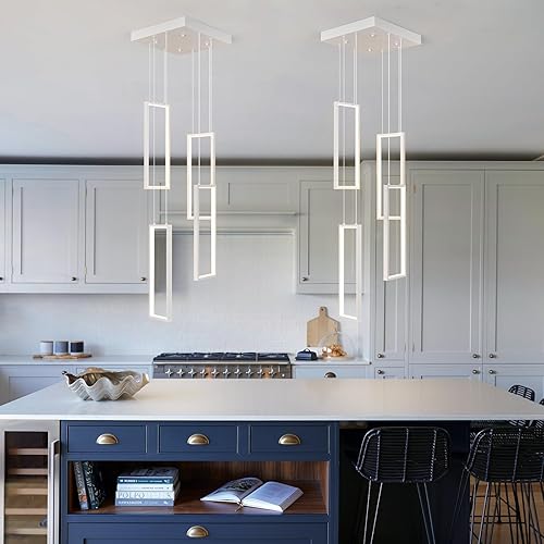 Miniatura 3 de Lámpara colgante de isla de cocina moderna regulable blanca de 54 W, luces colgantes LED de 4 anillos, lámpara rectangular para escalera, lámpara