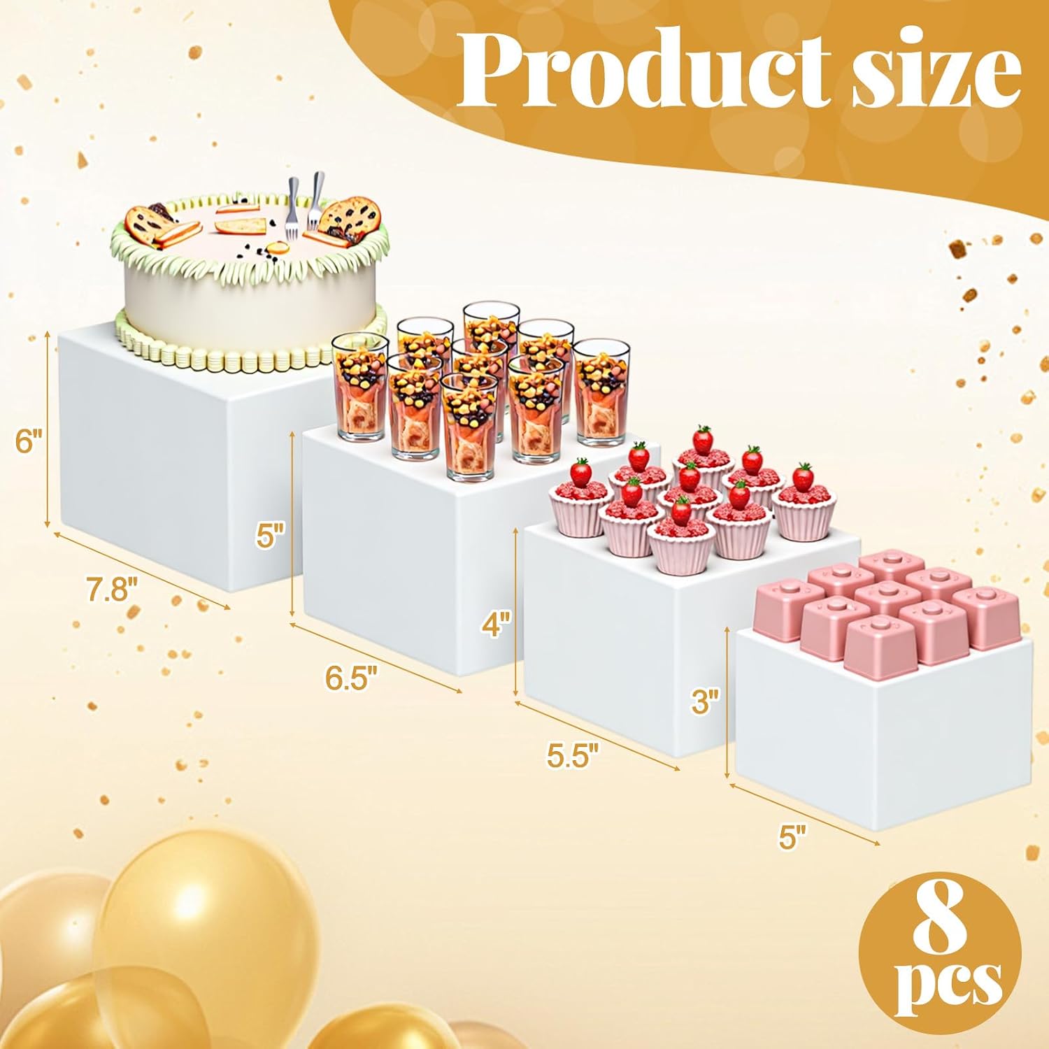 LemonRoad 8 Pcs Buffet Food Risers for Table, 5", 5.5", 6.5", 7.8'' Acrylic Buffet Risers and Stands, Display Stand Box for Catering Dessert Collectibles Jewelry Figures Show Cube (White)