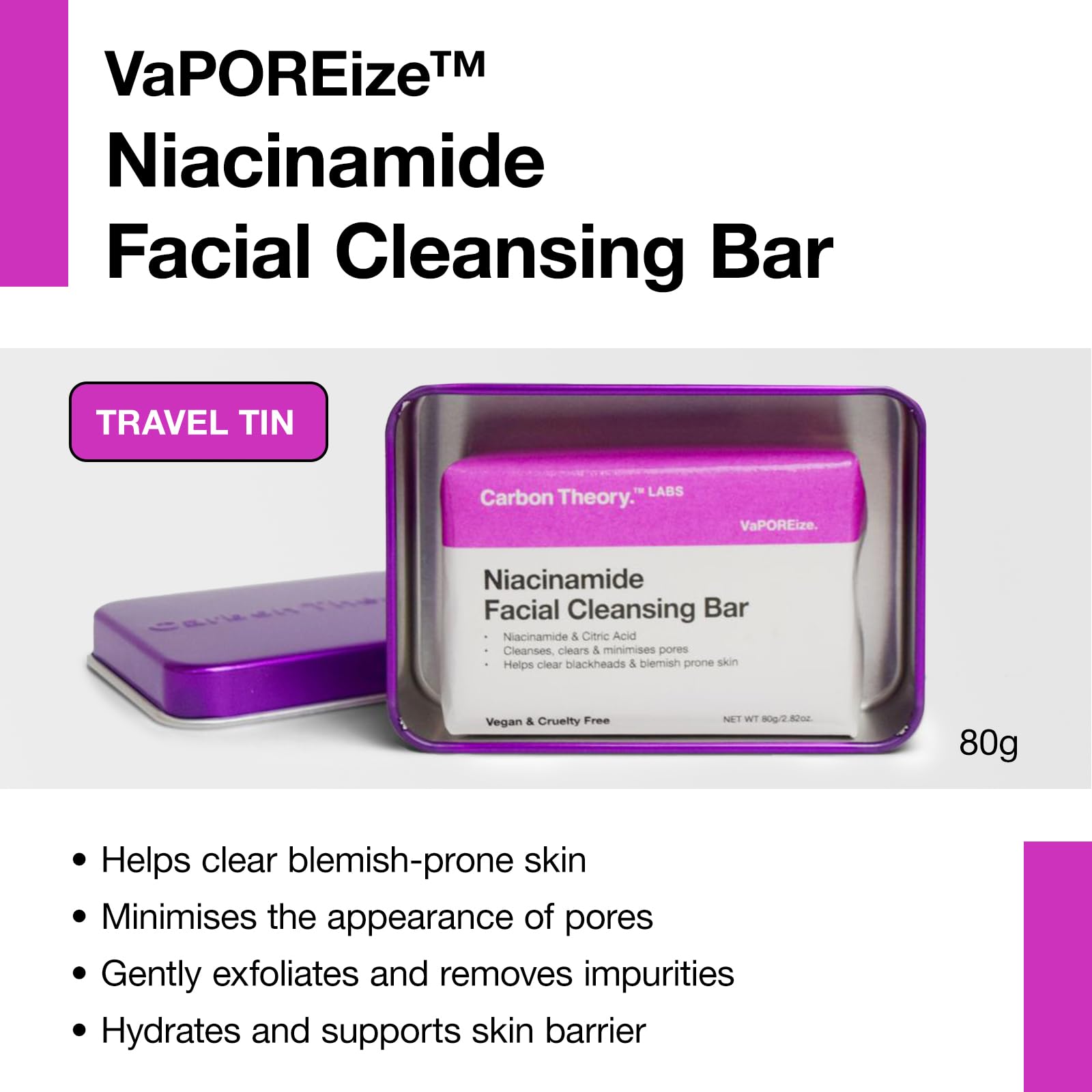 Carbon Theory VaPOREize Niacinamide and Citric Acid Face Cleansing Bar 80g and Travel Tin - Image 2