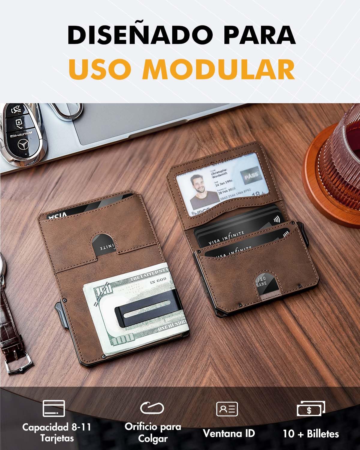Carteras para Hombre con Protección RFID, Cartera Pop-Up Pequeña para 8–11 Tarjetas, Tarjetero Delgado para Hombre con Clip para Dinero, Ventana ID y Orificio para Llavero (Marrón)