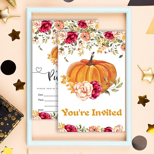 Miniatura 6 de Paquete de 20 invitaciones de fiesta de calabaza pequeña con sobres, un tema de calabaza está en camino, tarjeta de invitaciones para suministros de