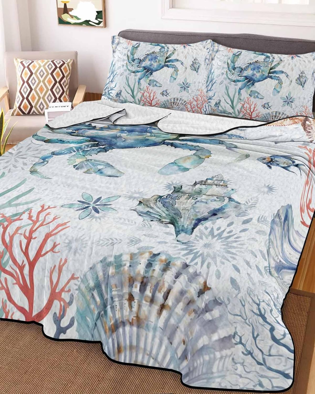 King Size Quilt Set, Summer Sea Crab Coral Lightweight Bedspread Coverlet Set Soft Microfiber Summer Quilt with 2 Pillow Shams, Marine Life on Blue Background 3 Piece Comforter Bedding Set