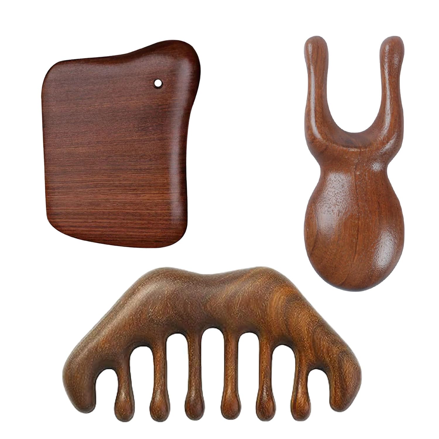 MIUPOO Drewniany zestaw Gua Sha do ręcznego masażu, masażer do skóry głowy, cellulit, wałek do masażu ciała, urządzenie do masażu punktu spustowego, 3 sztuki