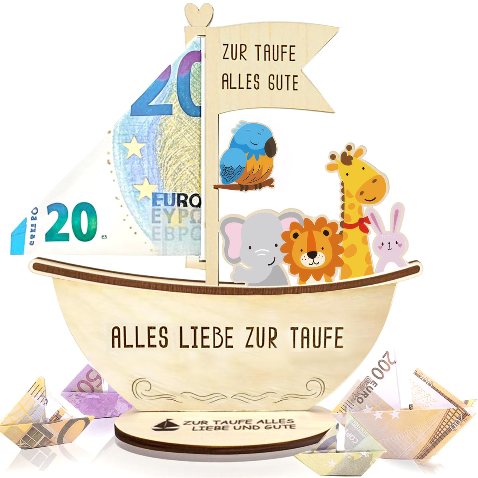 Taufgeschenke für Jungen und Mädchen mit LED Lichterkette, Alles Liebe zur Taufe, Holz Boot mit Basis, Geschenke Baby,Geburt Taufe Geldgeschenk, Geschenk zur Taufe Junge Mädchen (Buntes)