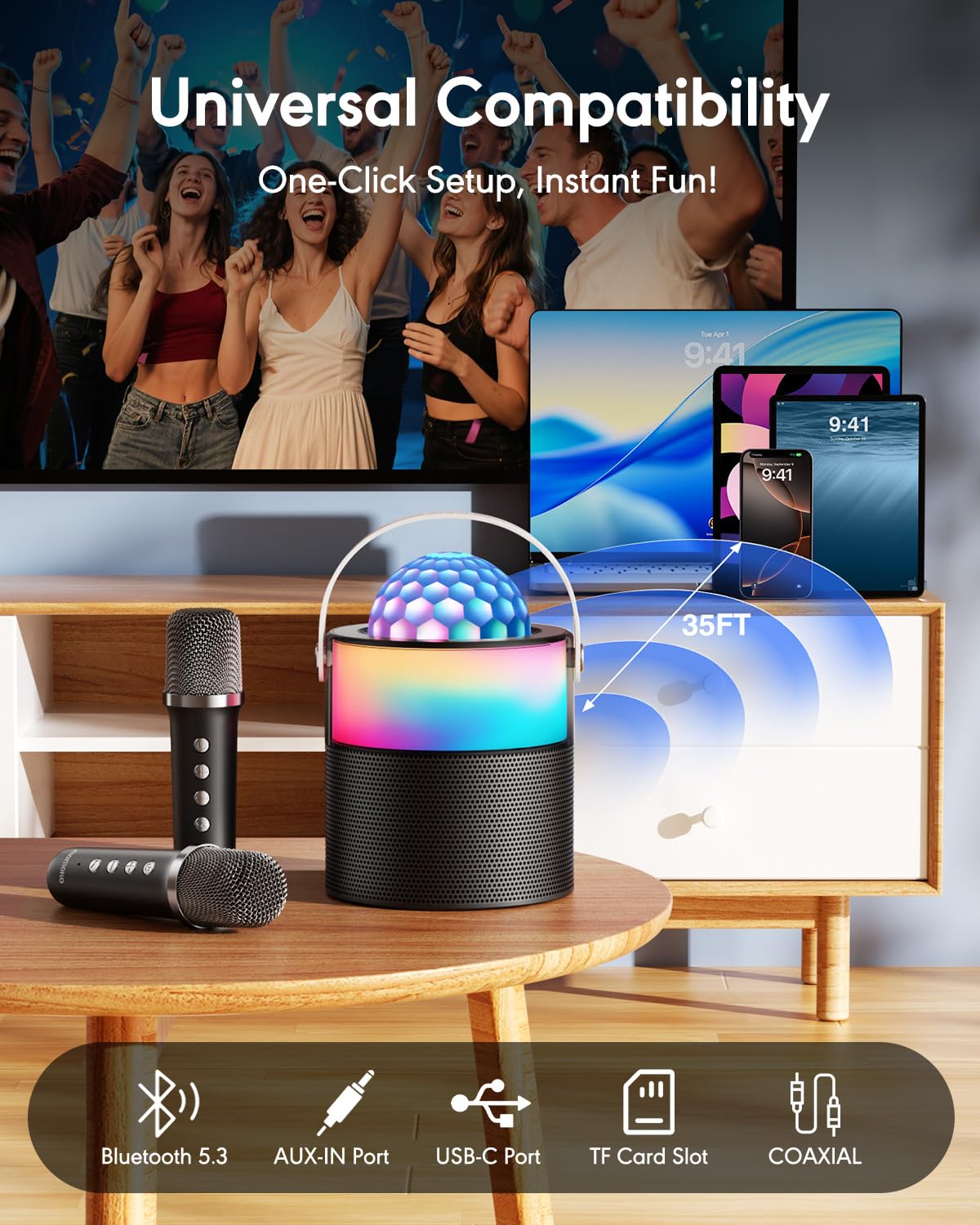Máquina de karaoke, mini altavoz Bluetooth portátil inalámbrico con 2 micrófonos inalámbricos para adultos y niños, máquina de canto, luces LED de discoteca para viajes, niñas, niños, regalos