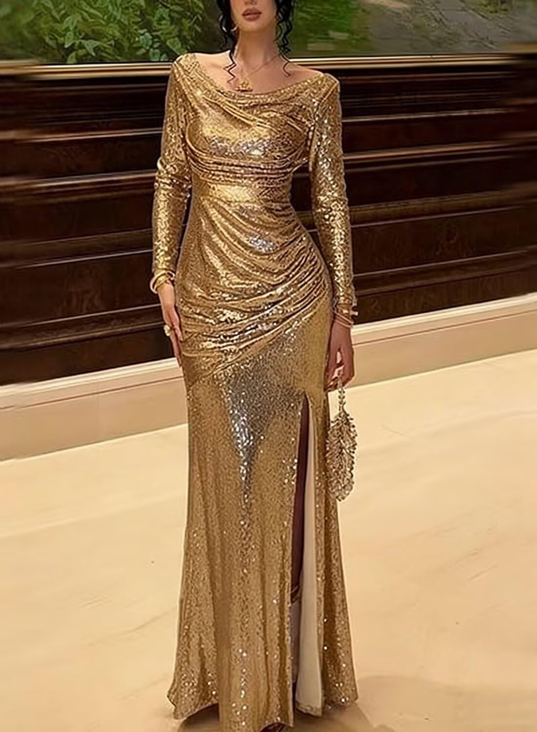 Women’s Sparkly Sequin Mermaid Prom Dresses 2026 Long Sleeve Formal Evening Party Dress with Slit