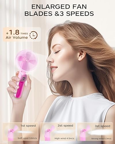 Miniatura 9 de FrSara Mini ventilador de mano recargable, pequeño ventilador de mano plegable, potencia eólica mejorada, tres velocidades de viento, batería de