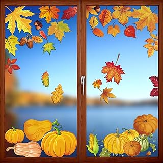 Fall Double Sided Pumpkin Leaves Window Stickers - Removable Autumn Thanksgiving Window Clings for Glass Decorations