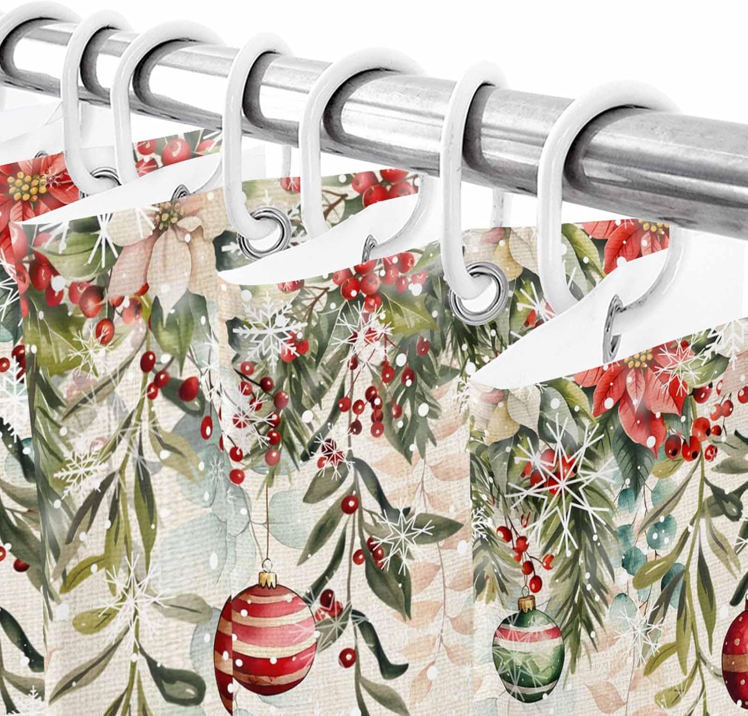 Red Snowman Christmas Waterproof Shower Curtains Set - Extra Long 72 x 84 Inch, Xmas Balls Poinsettia Botanical Snowflake Polyester Fabric Bathroom Curtain with 12 Hooks, Bathroom Accessories, 1 Panel
