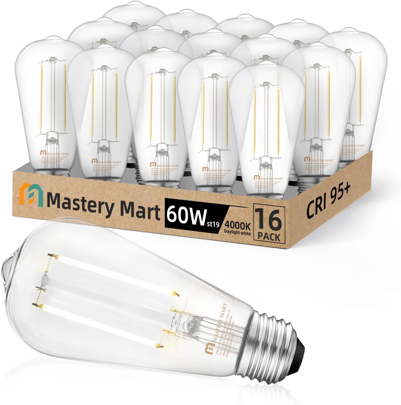 16 Pack ST19 LED Edison Bulb, 5.5W (60W Equivalent) 500LM CRI 95+, Non-Dimmable, 4000K Cool White, E26 Medium Base, Vintage Filament, Clear Glass, Standard Type A Lamp, for Kitchen, Bathroom, Bedroom