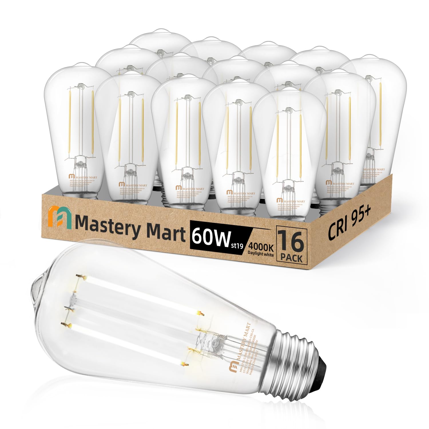 16 Pack ST19 LED Edison Bulb, 5.5W (60W Equivalent) 500LM CRI 95+