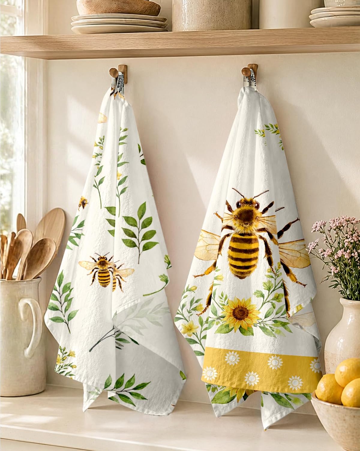 Farmhouse Flour Sack Kitchen Towels Set of 2, 18x26 Inch Rustic Cotton Tea Towels with Hanging Loop, Absorbent Quick Dry for Kitchen Cleaning & Baking, Housewarming Gift, Bee Kitchen