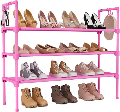 Miniatura 15 de Zapatero de 3 niveles para armario, organizador de zapatos con 5 ganchos, estante largo para zapatos deportivos y botas, estante apilable para Negro