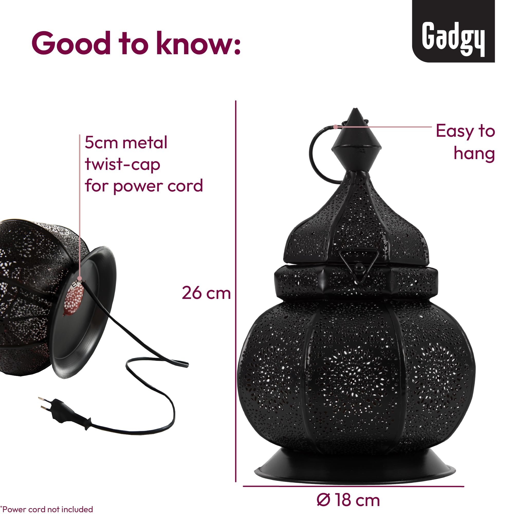 Gadgy Lampa metalowa Oriental - marokańska lampa z efektem cienia - ręcznie robiona orientalna latarnia 26 cm, idealna jako dekoracja balkonu - dekoracja na Ramadan, latarnia do wewnątrz i na zewnątrz | Orientalny Lampion do Wnętrz i Ogrodu z Efektem Cien