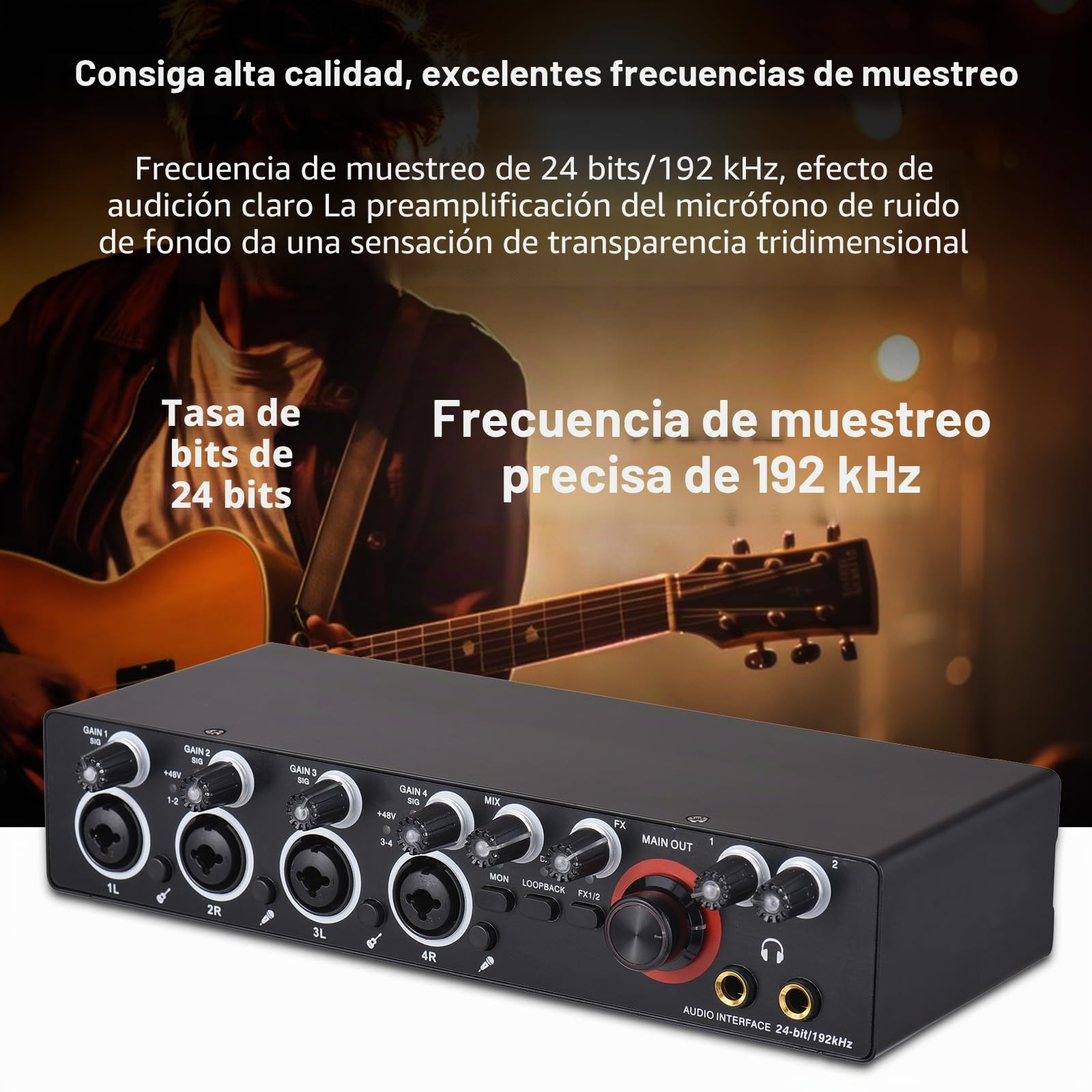 Tarjeta de sonido de grabación de 4 canales con interfaz de audio sin controlador, tarjeta de sonido USB 4 entradas 4 salidas, alimentación fantasma de 24 bits/192 kHz 48 V para grabación