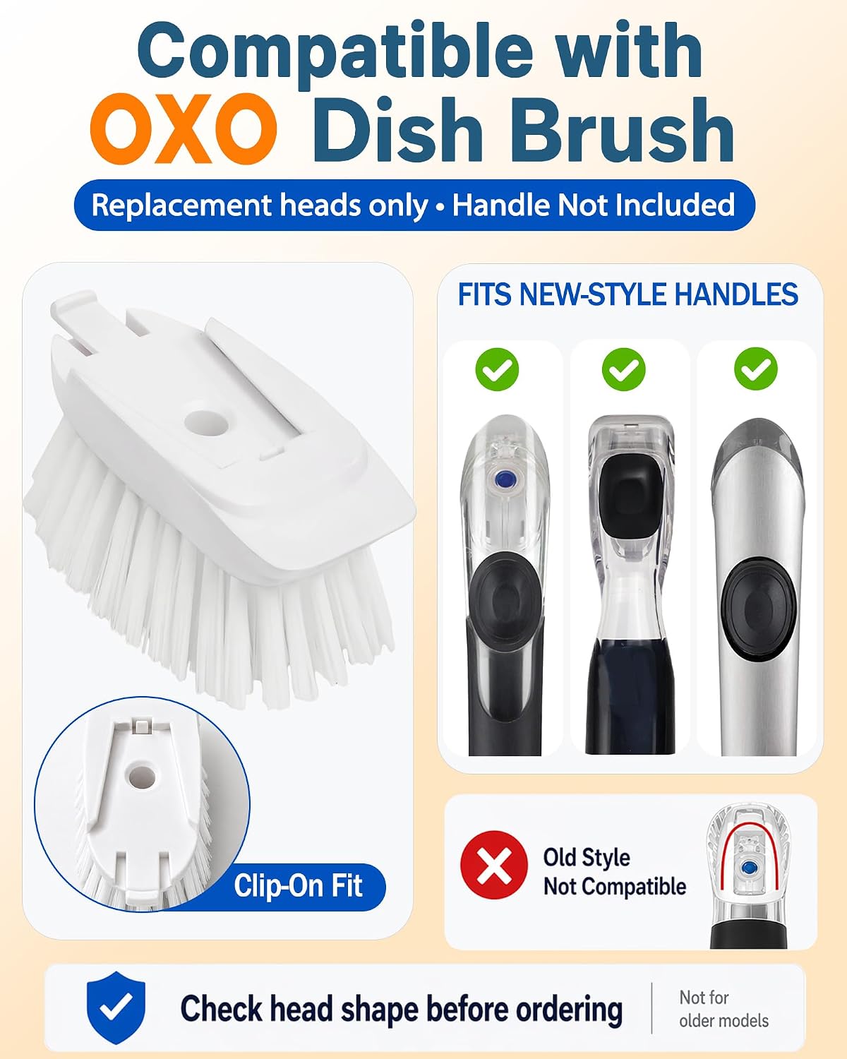 4 Pack Brush Refill Heads for OXO Soap Dispensing Dish Brush, White | Replacement Scrubber Head with Built-In Scraper, Safe for Non-Stick Cookware, Sturdy Nylon Bristles, Easy Snap-On