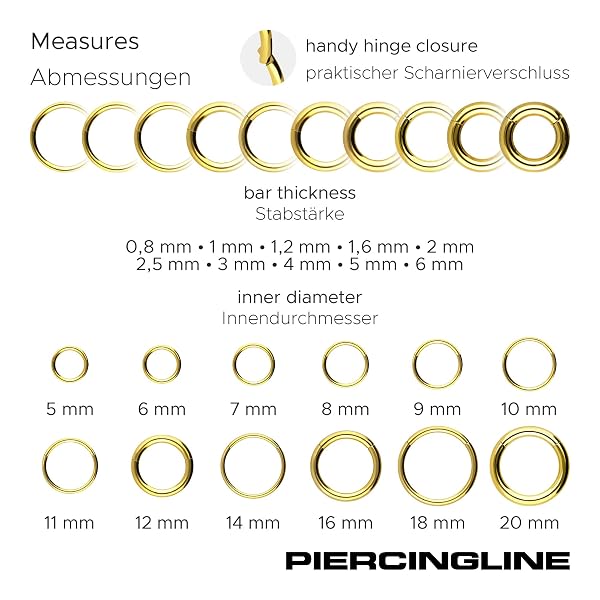 PIERCINGLINE Anillo segmento Clicker de acero quirúrgico – Piercing en oro, plata, rosa, negro o azul – para nariz, tabique, oreja, hélice o tragus - 3