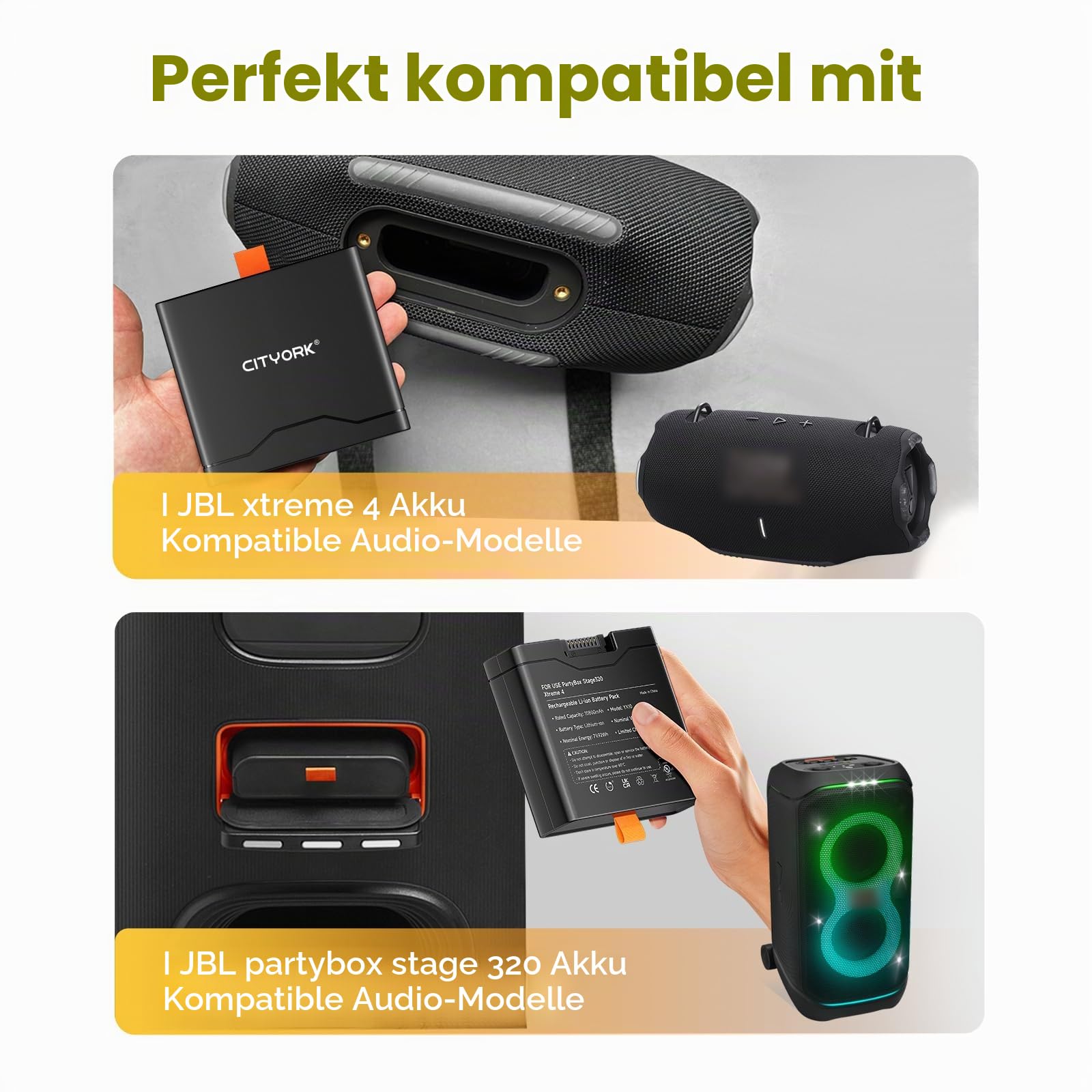 CITYORK 7.4V/10800mAh Ersatz Akku für JBL Partybox Stage 320 / JBL Xtreme 4 Bluetooth-Lautsprecher, Lässt Sich in Sekundenschnelle austauschen, sodass die Party doppelt so Lange am Laufen hält
