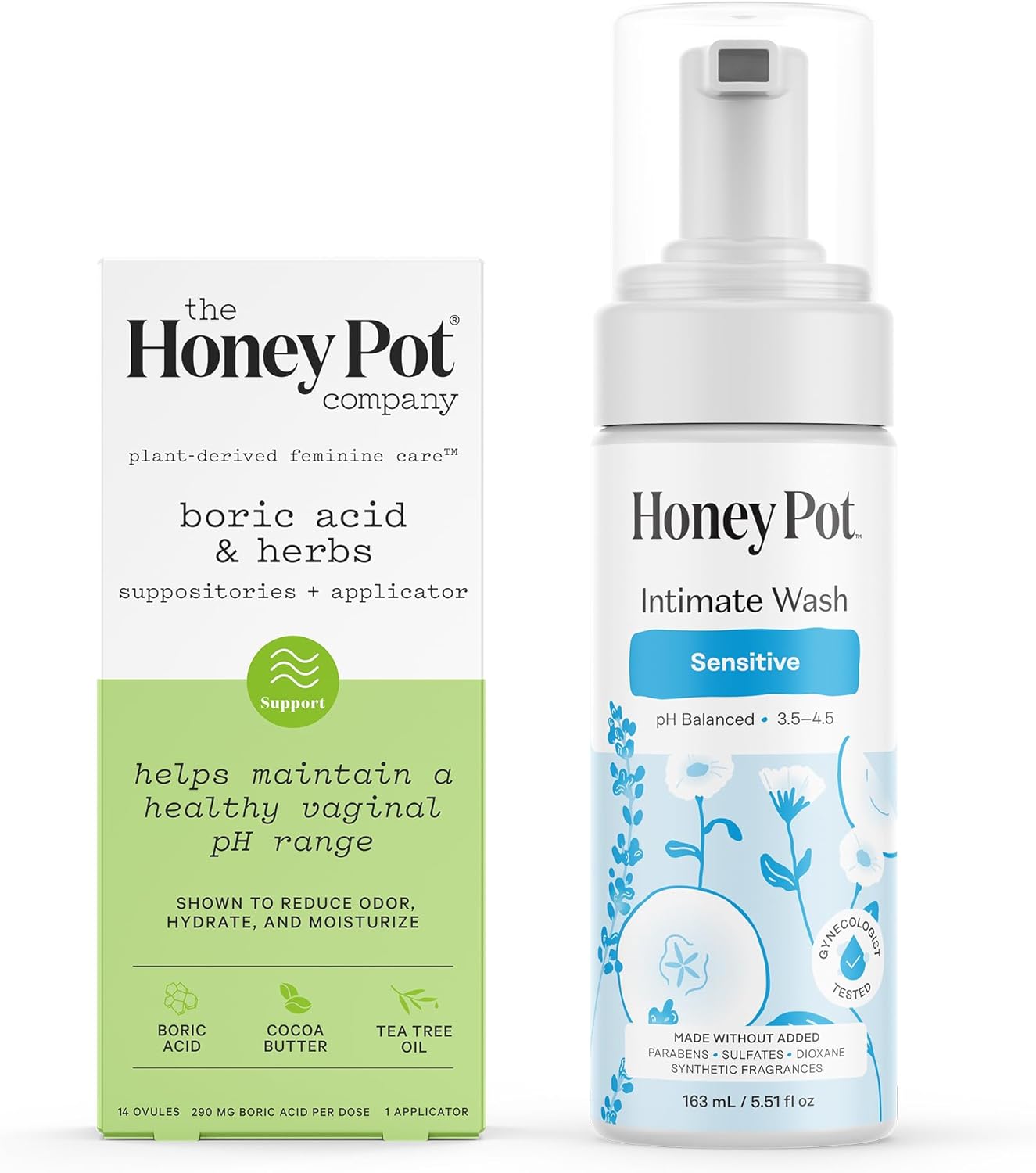 The Honey Pot Company - Suppositories & Sensitive Feminine Wash Bundle - Maintains & Balances Healthy Vaginal pH - Herbal Infused Natural Hygiene Wash for Sensitive Skin Types - Gynecologist Approved