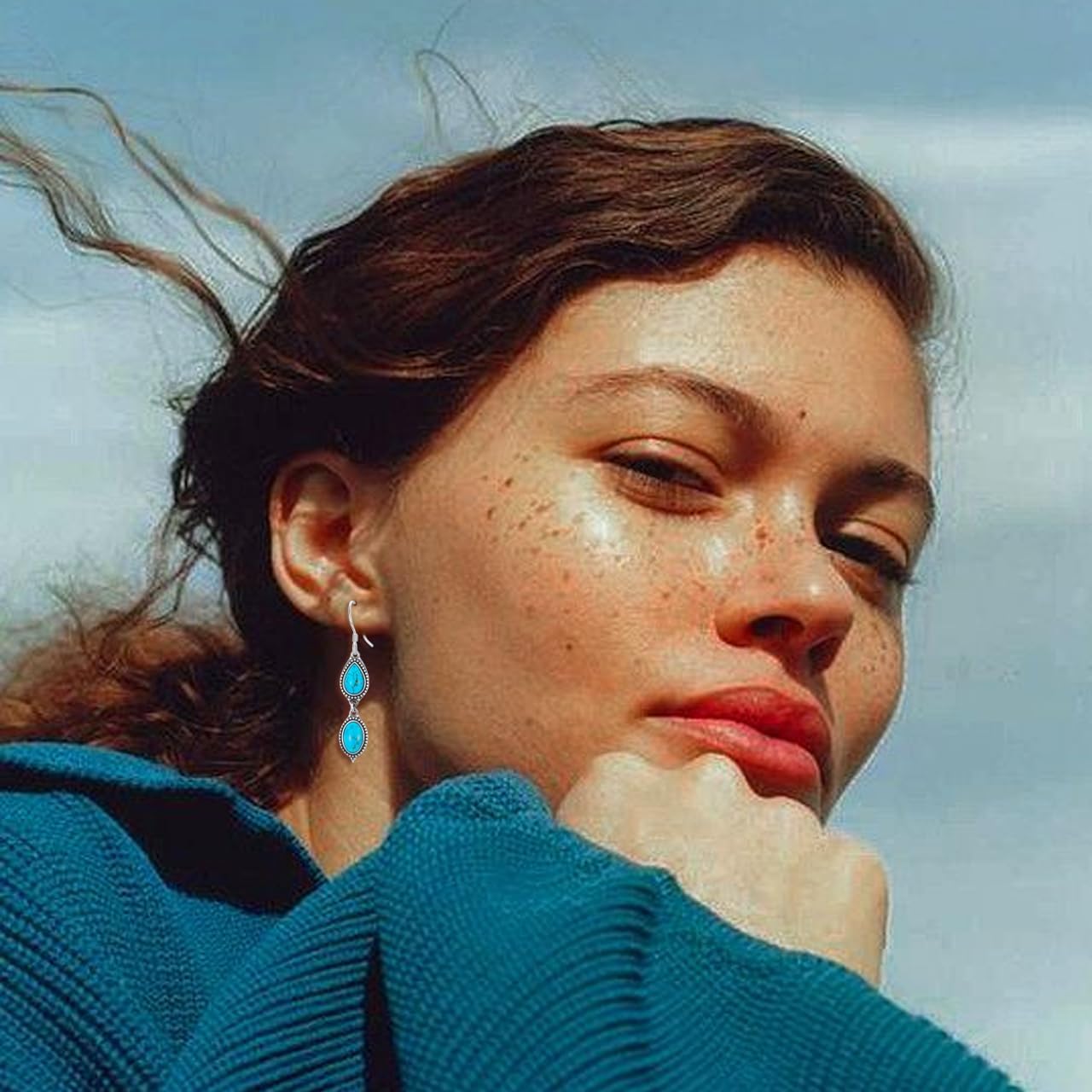 Genuine Turquoise Dangle Teardrop Earrings, Sterling Silver Vintage Native American Western Boho Earrings Jewelry for Women