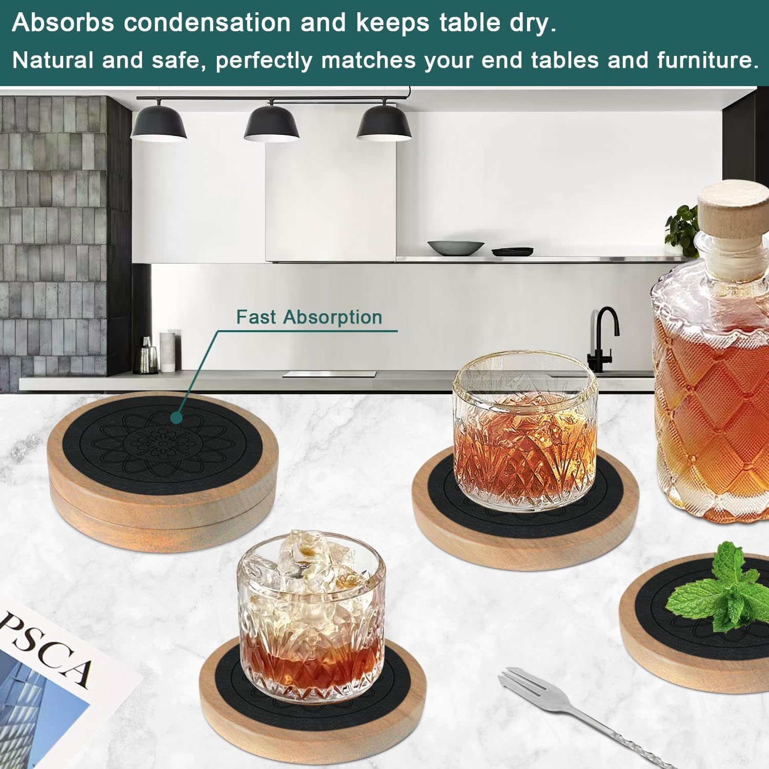Wood Coasters for Drinks, Minacun Absorbent Coaster Sets of 5, Drinks Coasters for Coffee Tabletop Protection, Non-Slip, Non-Stick, Suitable for Kinds of Cups Wooden Table Drink, 4.3 Inches Black - Image 4