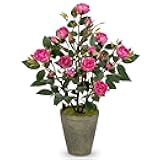 Hollyone Artificial Flower Plants Camellia Pink Roses Faux Potted Plant with Cement Pot Fake Silk Flower Rose Camellias Flower Arrangement Office Home Decor Bathroom Shelf Desk Decoration 15 Inch