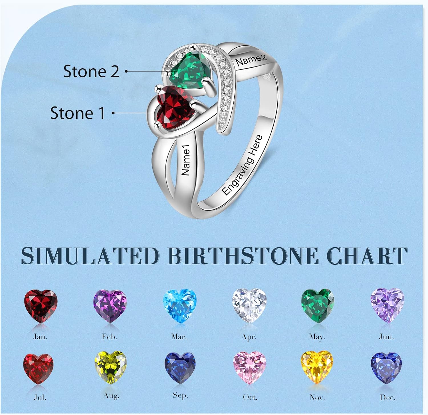 Personalized Promise Rings for Her Love Heart Women Engagement Custom Names Mothers Ring with 2 Simulated Birthstones Jewelry for Women