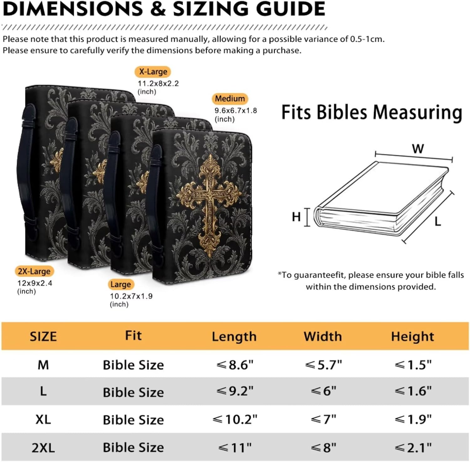 PU Leather Bible Cover for Women Men Carrying Bible Case with Zippered Pockets Black Gold Cross Print Scripture Protector Book Organizer Holder, L