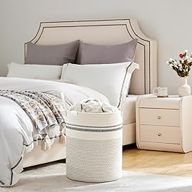 VIPOSCO Tall Laundry Basket, Large Dirty Clothes Hamper with Leather Handle, Woven Rope Storage Basket for Blanket, Toy In Living Room, Bathroom, Bedroom - 53L Stripe White