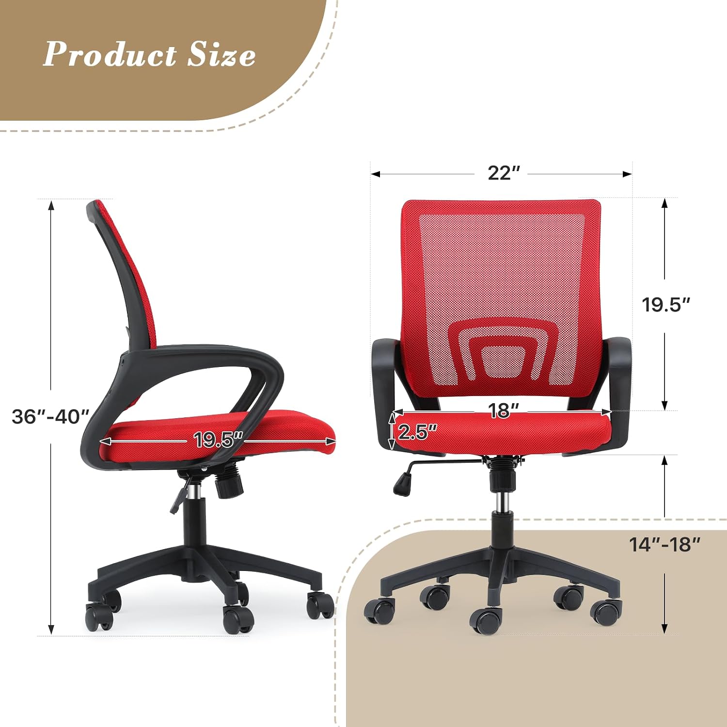 Athena Collection Computer Office Chair, Ergonomic Desk Chair with Rolling Wheels, Mesh Back Support and Height Adjustable, Small and Comfy for Home Office, Study, Red