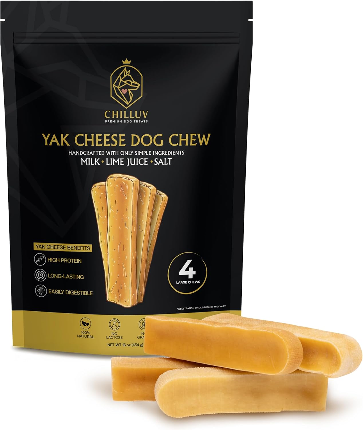 Himalayan Yak Cheese Dog Chews - All Natural, Long Lasting, High Protein, Odor-Free, Grain & Lactose Free, Healthy Dental Treats for Aggressive Chewers (Large - 4 Chews, Original)