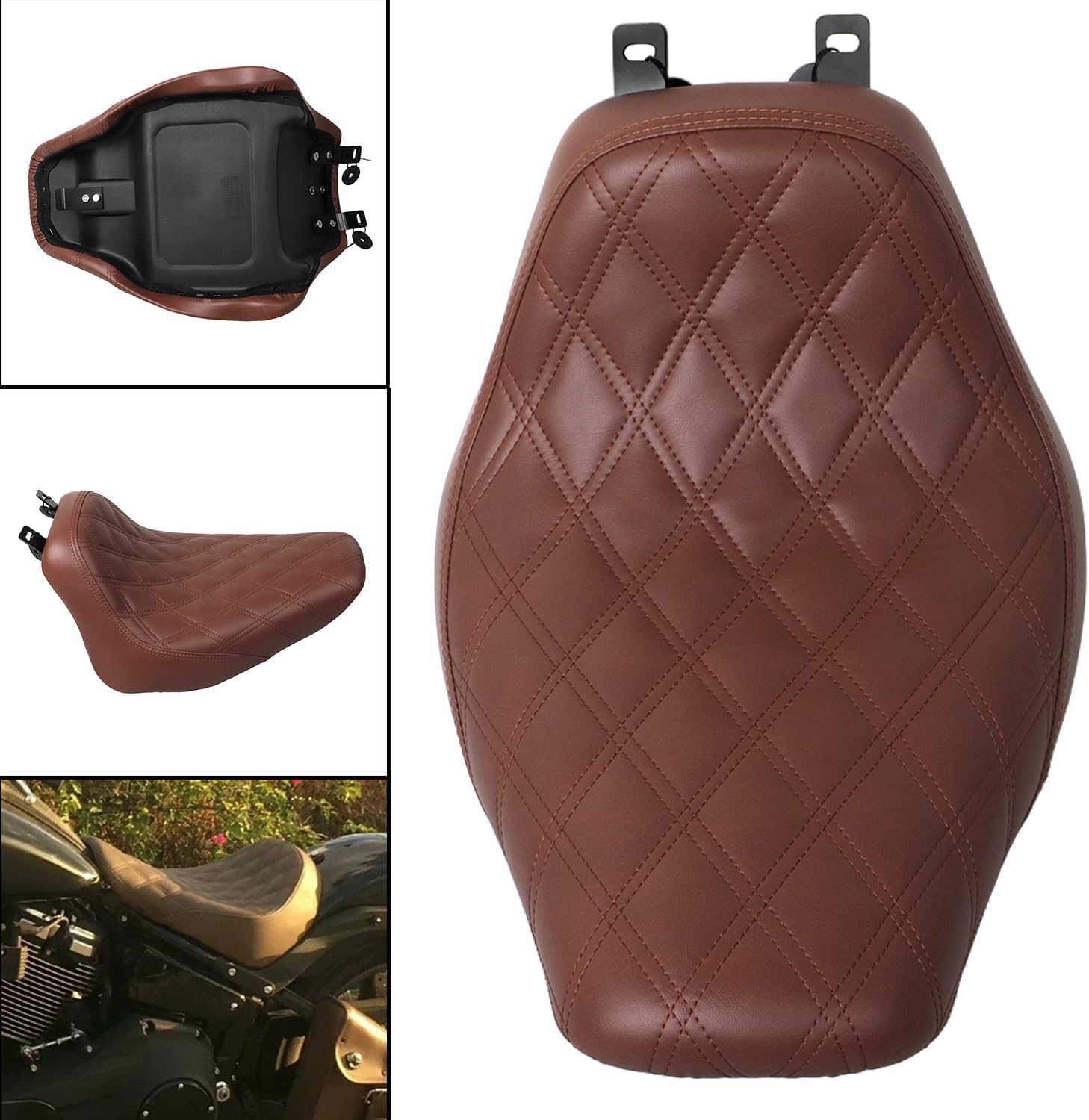 Brown Lattice Stitched PU Leather Front Driver Solo Seat For Harley Softail Deluxe FLSTN Classic FLSTC 2006-2017