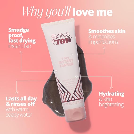 SKIN & TAN 1 Day Instant Tanner 100ml - Wash Off Body Bronzer for Face & Body - Non-Transfer, Smudge-Proof, Quick Tan Lotion - Sunless Fake Tan