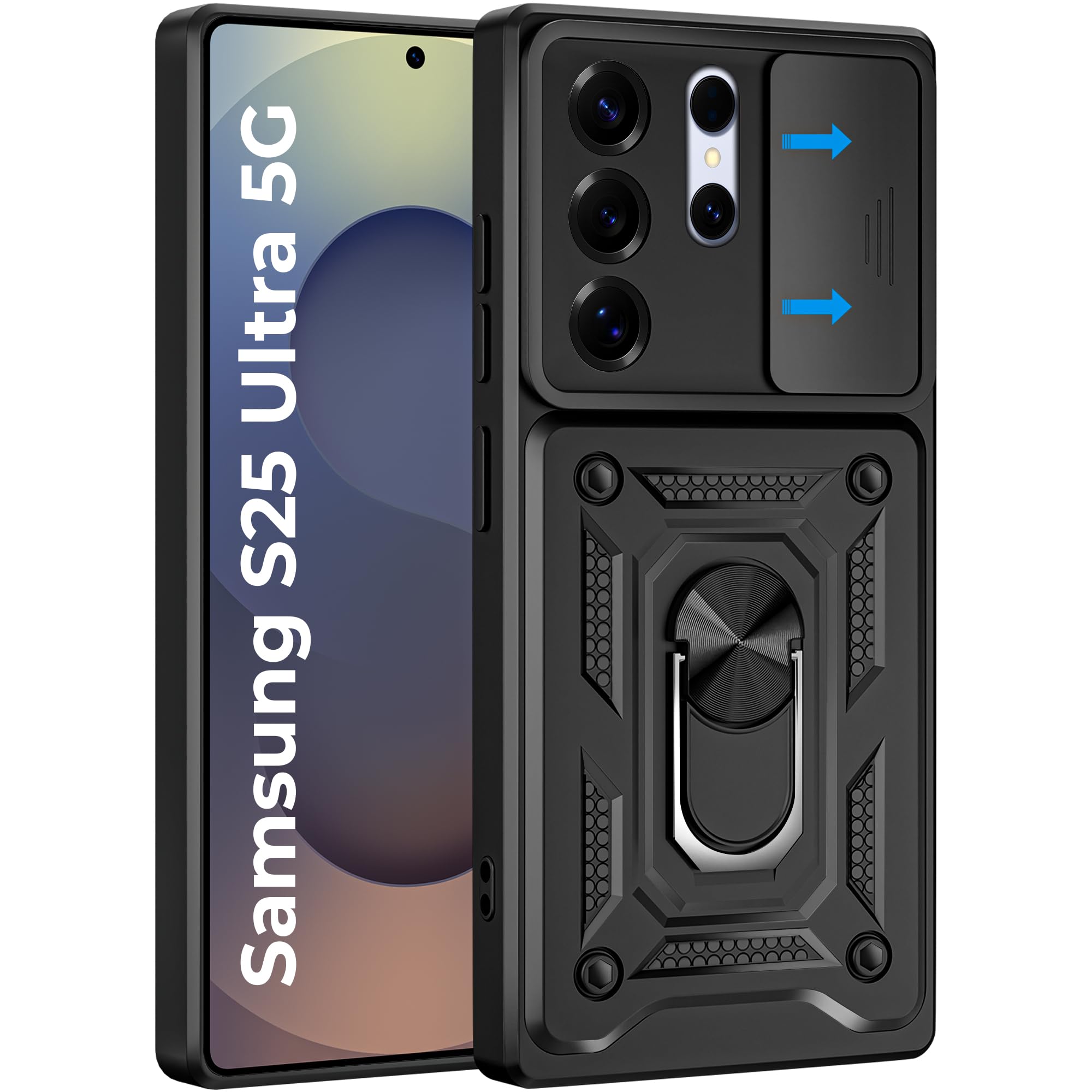 A rtistque Armor Bumper Back Case Cover for Samsung Galaxy S25 Ultra 5G | Stylish Ring Holder & Inbuilt Stand | Sliding Camera Cover | Shockproof TPU Protective Design | S25 Ultra Back Cover - Black
