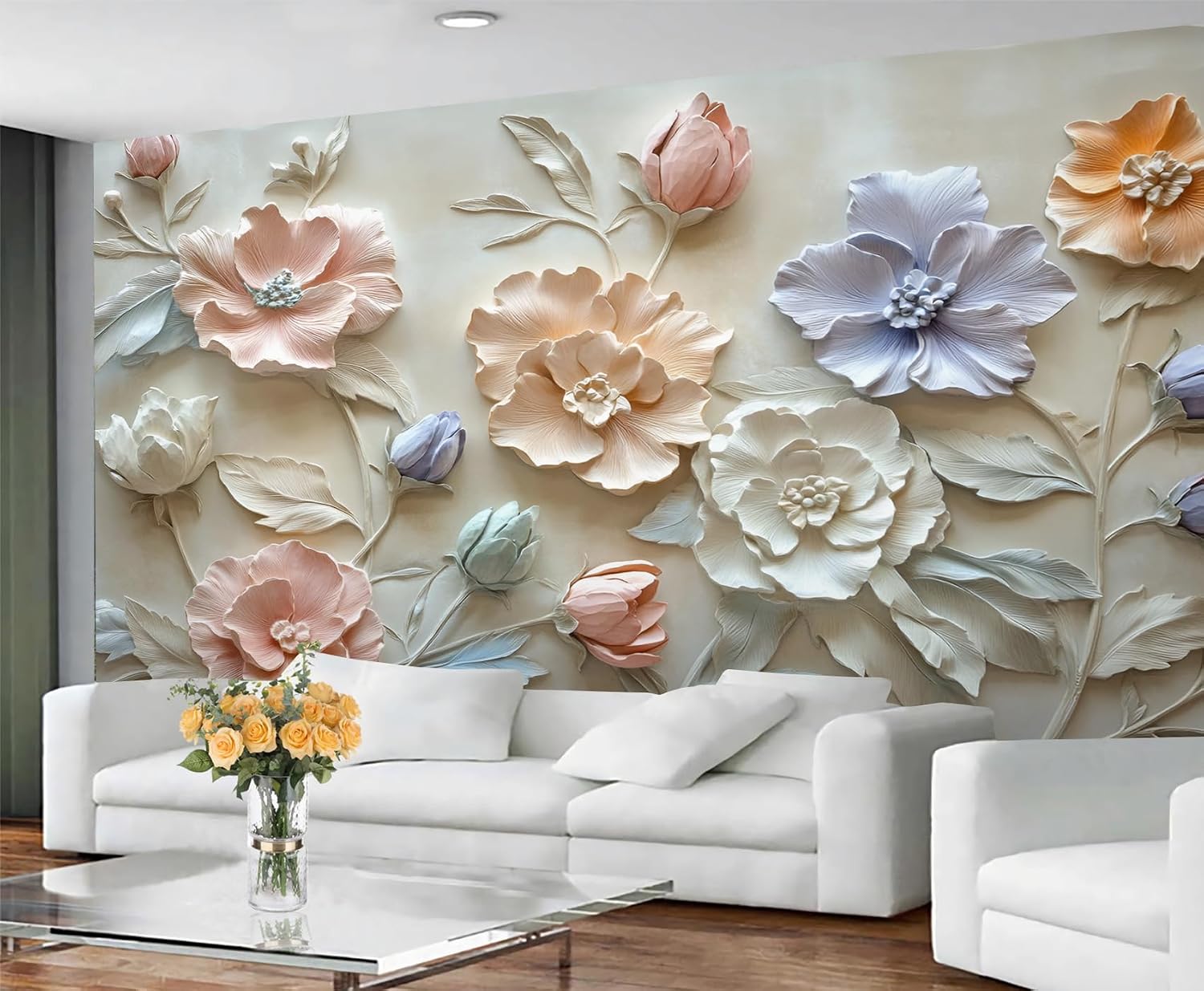 Relief Colored Flowers Wall Mural, Stereo Branches Wallpaper, Nordic Modern Luxury Art Large Poster Wall Sticker for Bedroom Living Room Office 59" W x 39.4" H