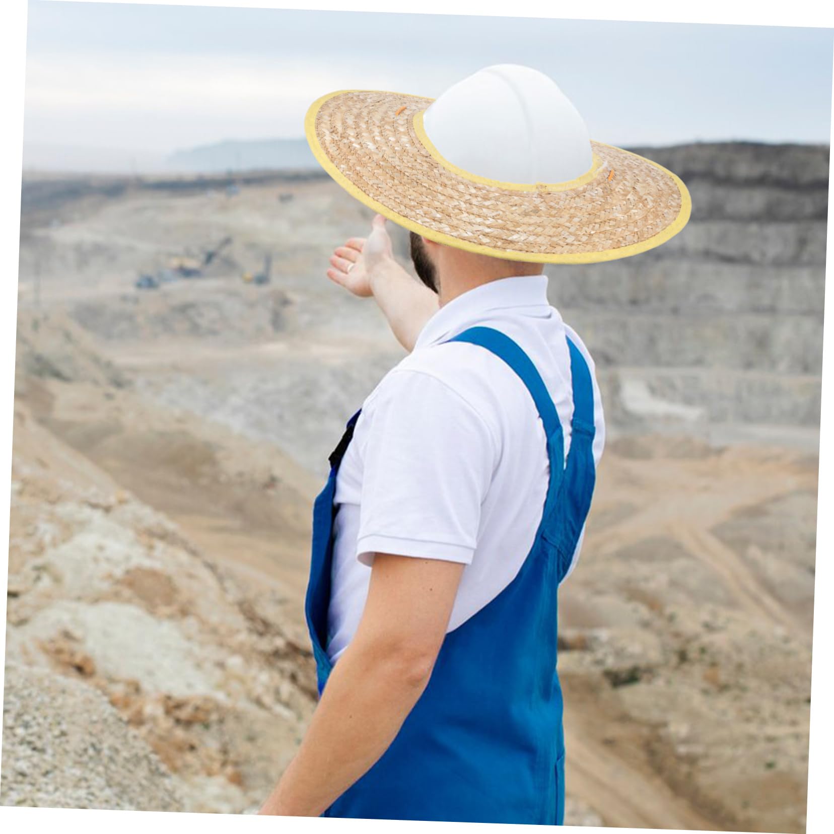 Strohhelm Sonnenschutz für Bauhelme mit Breiter Krempe 2 Stück | Weizenstroh, Leichtes Design, für Outdoor Aktivitäten und Baustelle, Zufällige Bandfarbe Zufällige Farbe