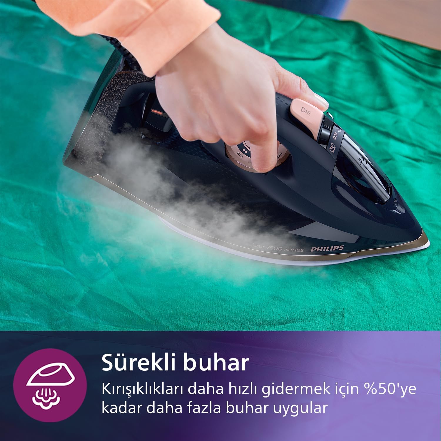 Philips 7500 Serisi Buharlı Ütü, 3200W, 55g/dk Sürekli Buhar, SteamGlide Elite Taban, 260g Şok Buhar, Mavi/Altın Rengi, 300ml’lik Ekstra Geniş Su Haznesi, DST7510/80
