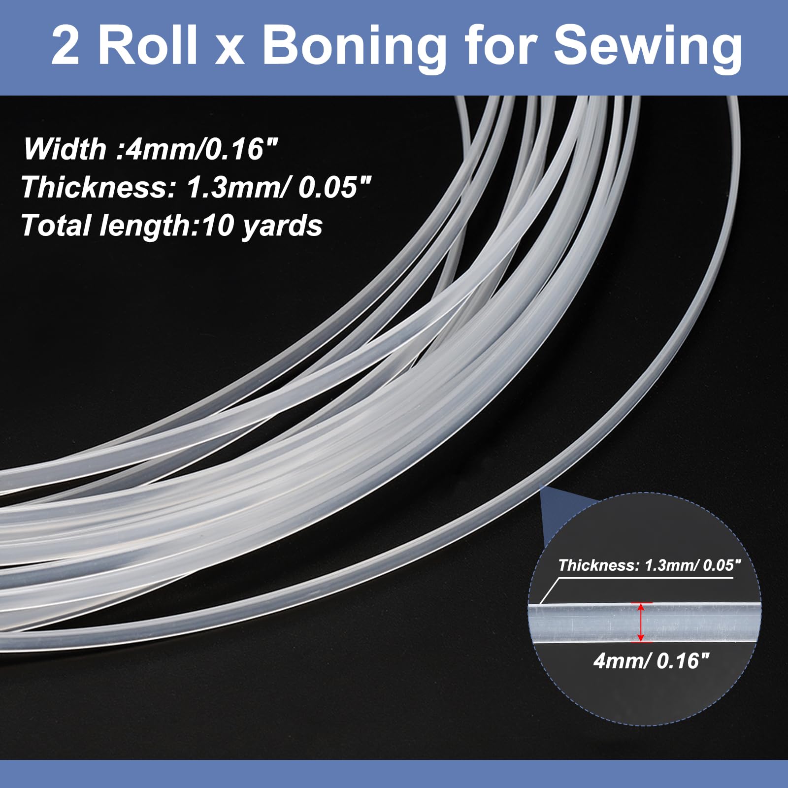 PATIKIL 4mm x 1.3mm x 10 Iarde Stecche per Cucire, 2 Rotoli Stecche per Corsetti Plastica Pp Corsetto Stecca per Bambole Fatte a Mano, Cappello, Borse, Abiti, Fai da Te, Trasparenti