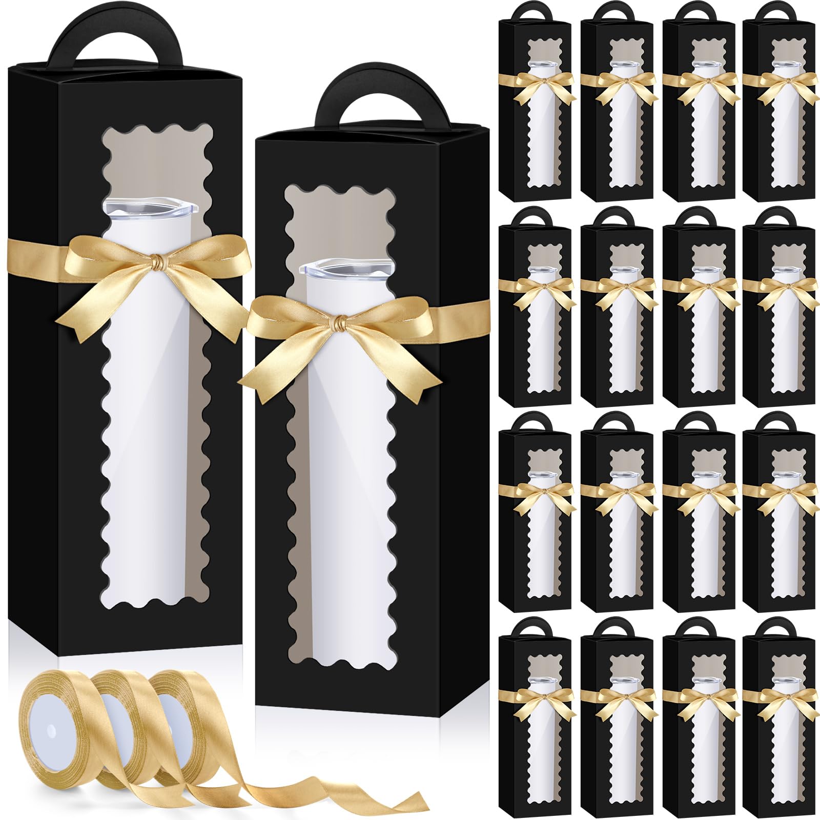 Windyun 100 Pcs Tumbler Gift Boxes Bulk with 3 Ribbons, Window Handle for 12oz 16oz 20oz 30oz Clear Wine Glass Jar Gift Box Christmas Packaging Present Wrapping Shipping 11 x 3.4 x 3.4''(Black) — image 1