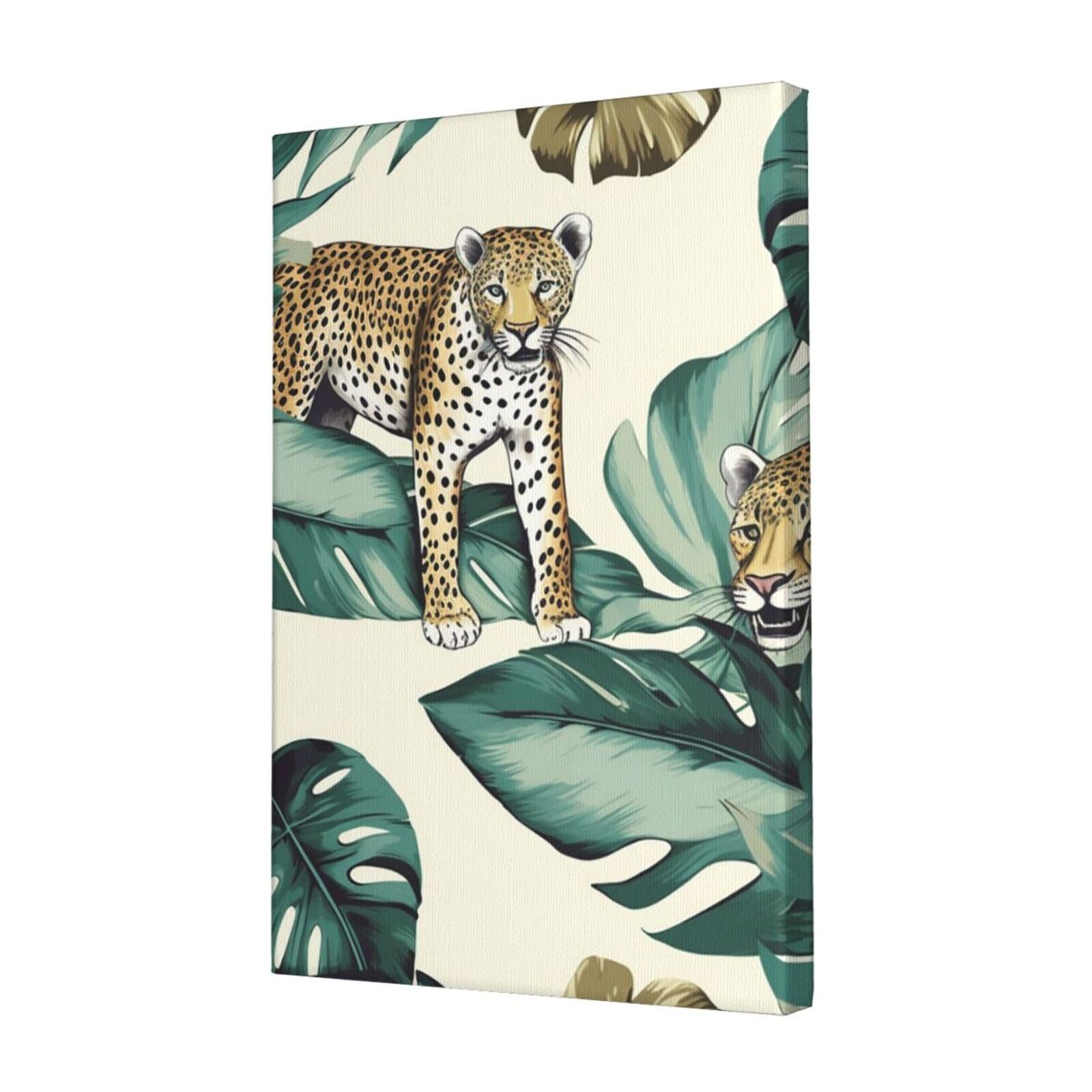 FodPand Leopard And Palm Leaves Canvas Wall Art for Living Room Wall Decor 12"x18" Modern Artwork Painting Pictures Hanging Canvas Prints Aesthetic Wall Art for Bedroom Bathroom Office Wallart Decor