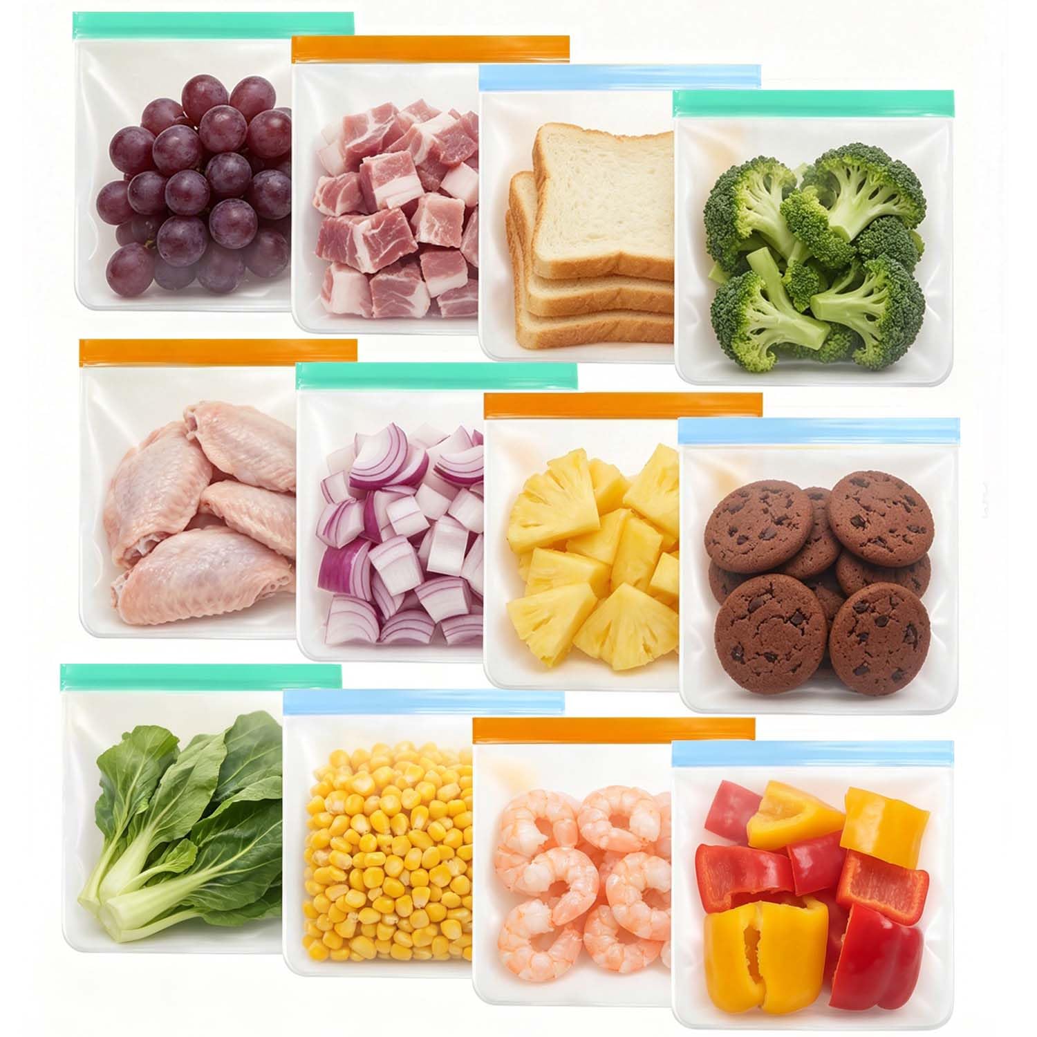 12 Sacchetti Per Congelatore Grandi (28x26cm) | Riutilizzabili, Senza Perdite, Senza BPA, Lavabili in Lavastoviglie, Multicolore | Conservazione Frutta, Spuntini e Viaggi