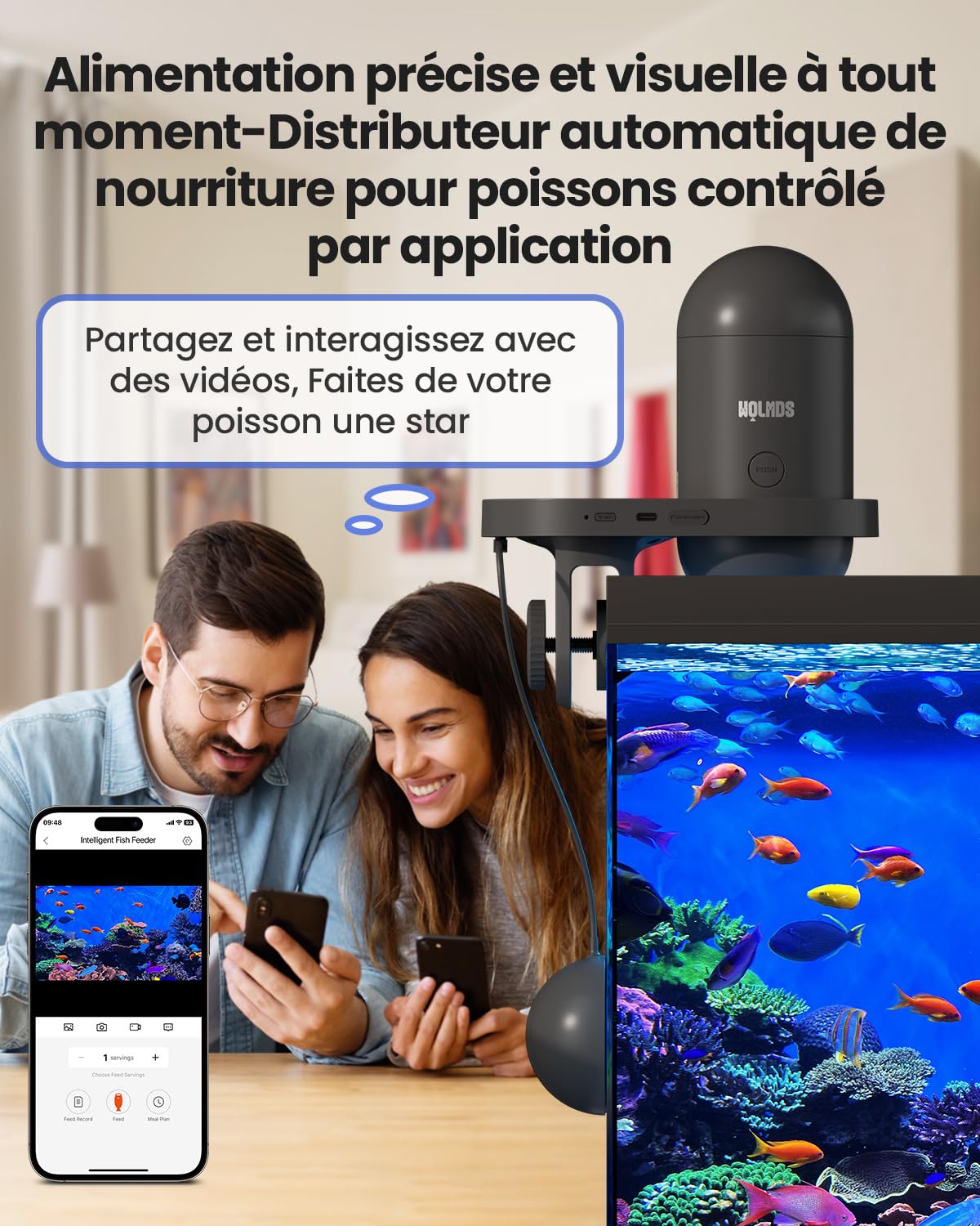 Mangeoire pour Poissons automatiques - Distributeur Automatique de Nourriture WOLMDS avec Caméra 2.5K et Contrôle WiFi/App, 230ml Étanche pour Vacances, Alimentation Précise et Facile (Dark Grey)