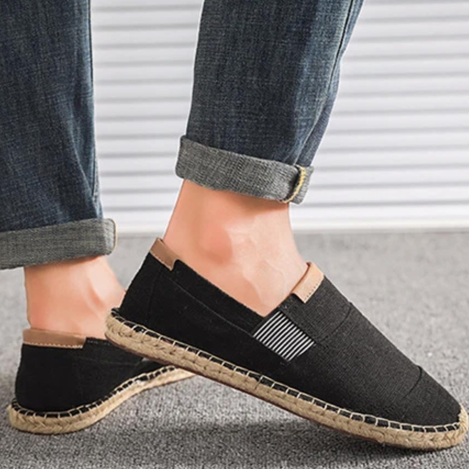 Scarpe Uomo Lino Tela Espadrille Pescatore Casual(Nero,42)